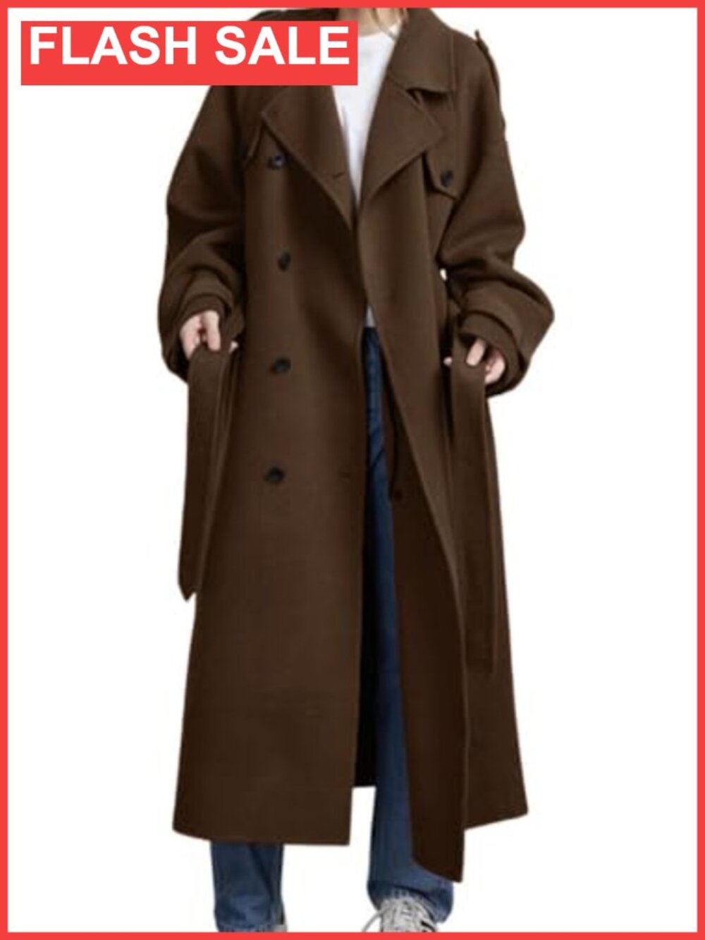Women's Double Breasted Wool Blend Midi Trench Coat Notch Lapel Belted